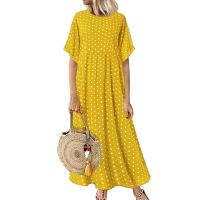 ZZOOI Laamei Summer Short Sleeve Polka Dot Printed Long Dress Vintage Women Cotton Linen Dresses Female Kaftan Vestido Femme Sundress