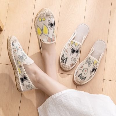 Fisherman female spring and summer cotton embroidery cloth shoes lazy a pedal soft-soled shoes pure linen half pregnant women slippers