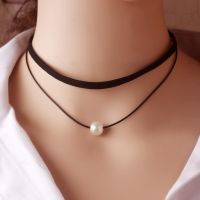 New Black Velvet Rope Choker Necklace Double Imitation Pearl Chocker For Women Collar Mujer Collier Femme Ras Du Cou