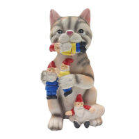 {คลังสินค้าพร้อม} Figurine Cat Eating Gnome รูปปั้นเรซิ่น Dwarf Kitten ตกแต่งกลางแจ้งสำหรับ Patio