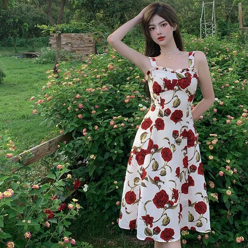 Women Fashionable Sleeveless Tall Mid-length Style Sweet Suspenders Dress  Summer sleeveless dresses women French mid-length dress