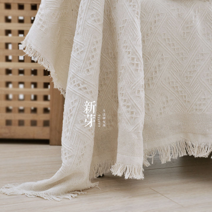 cw-ผ้าคลุมโซฟาสีขาวนอร์ดิกผ้าคลุมโซฟาสากลผ้าห่มผ้าฝ้ายคลุมเต็มสามคนผ้าคลุมโซฟากันลื่น