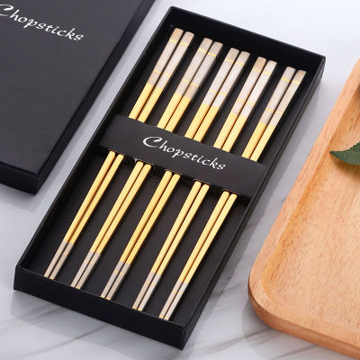5 Pairs Gift box Gold Black Chopstick 304 Stainless Steel Chop sticks Food Grade Japanese Korean Dinnerware Flatware for Sushi