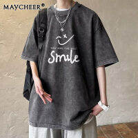 MAYCHEER   เสื้อยืดทรงโอเวอร์ไซส์คอกลมผู้ชายแขนสั้นโอเวอร์ไซส์สีเทาพิมพ์ลายรอยยิ้ม