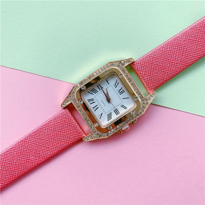 นาฬิกาข้อมือตัวเลขโรมันที่เรียบง่าย-tiktok-นาฬิกาข้อมือผู้หญิงเพชรระเบิด-นาฬิกาแฟชั่นหนังเงาสไตล์เกาหลี