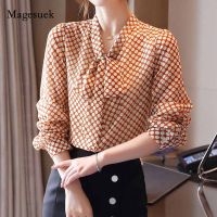 2020 Autumn Women Bow Tie Chiffon Blouse Slim Polka Dot Cardigan Shirt Long Sleeve Bottoming Elegant Shirt Blusas Mujer 10878