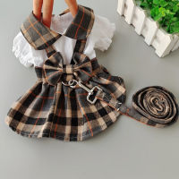 Comfortable Princess Style Plaid Skirt With Leah Cute Bowknot Doll Collar Dog Dress Clothes For Small Dogs Puppy Costumes