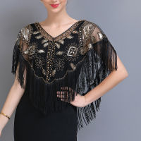 ผู้หญิง1920S Sequined Shawl กับ Tassels Beaded Pearl Fringe Sheer ตาข่าย Wraps Gatsby Flapper Bolero Cape Cover Up