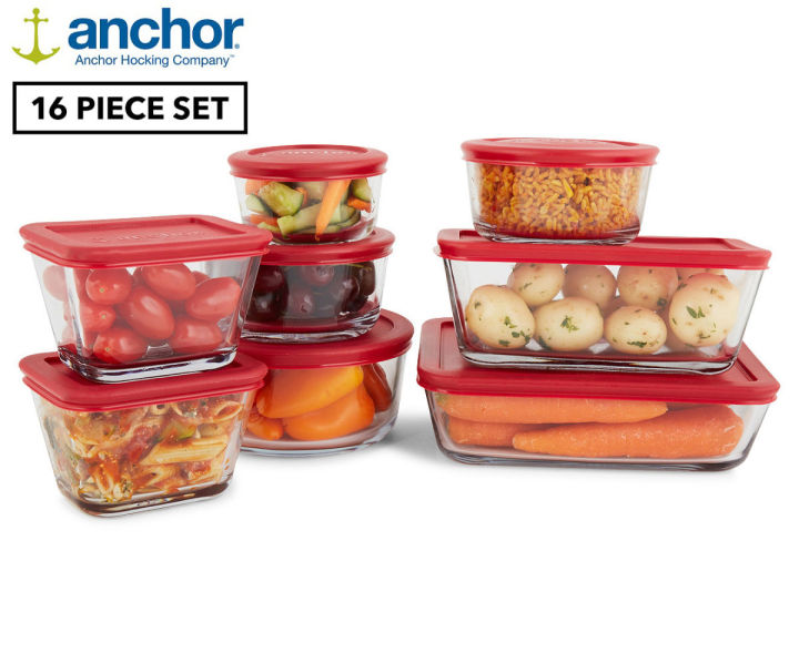 Anchor Hocking Classic Glass Food Storage Containers with Lids, Red, 2-Cup,  4-Cup, 7-Cup (6-Piece Set)