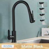 ฝักบัวน้ำฝนสีดำสำหรับก๊อกน้ำร้านอาหารการหมุน360สี3 Faucets Kiten Out Pull Modes Water Four Faucet Kitchen