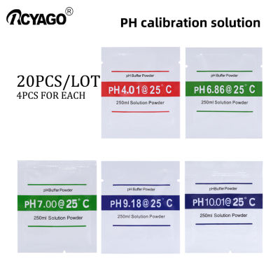 RCYAGO 20 ชิ้น/เซ็ต PH เครื่องทดสอบมิเตอร์วัด Calibration Solution ผงควบคุมค่า PH สำหรับพิพิธภัณฑ์สัตว์น้ำ 4.01/6.86/7.0/10.01/9.18 การสอบเทียบจุด
