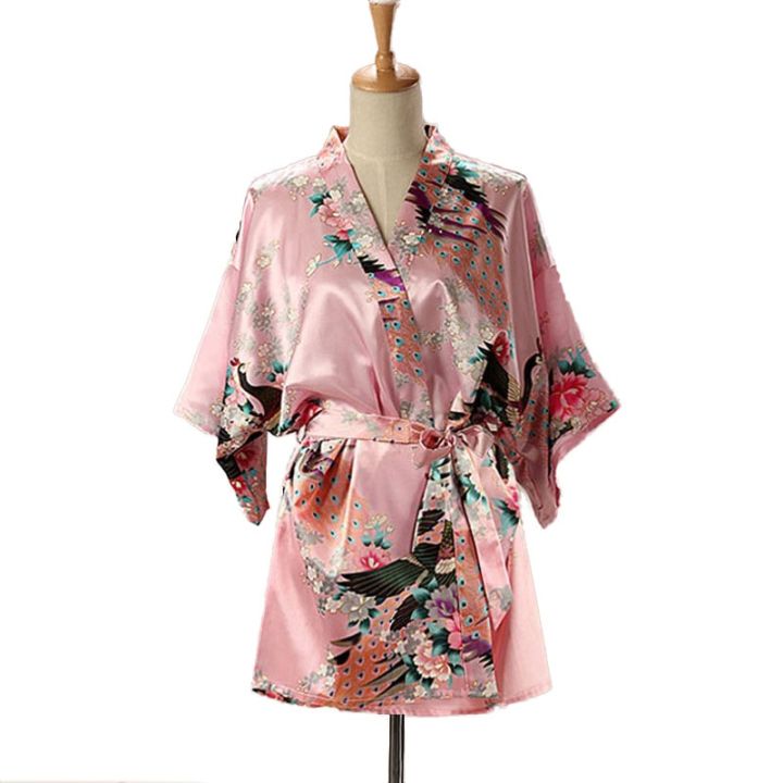 lace-up-woman-peacock-print-japanese-kimono-yukata-silk-satin-short-style-sleepwear-home-nightgown-bath-robe-costume