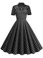 Polka Dot ลูกไม้วินเทจผู้หญิงฤดูร้อนชุด2023 Turn-Down Collar แขนสั้น Elegant Party Dresses