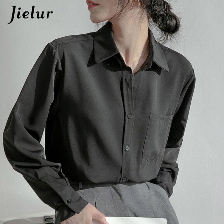 jielur-เสื้อเบลาส์ผู้หญิงวินเทจมีกระเป๋าหลวมผ้าชีฟอง5สีสำหรับสาวออฟฟิศ-kemeja-hitam-แฟชั่น-s-xl-เสื้อสตรี