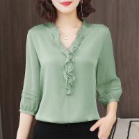 Women Chiffon Blouse Half Sleeve Fashion V-neck Shirt Loose Elegant Generous 34 Sleeve Casual Work Tops