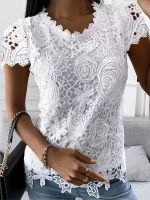 xixibeauty Lace Crew Neck T-Shirt, Elegant Short Sleeve T-Shirt For Spring &amp; Summer, Womens Clothing