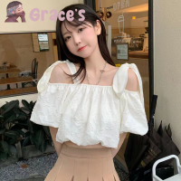 ⭐Grace‘s⭐ ?women‘s Tops? เสื้อแขนสั้น puff sleeve ลวดลายดอกกุหลาบ น่ารัก และสง่างาม การออกแบบสายรัด การจัดส่งในพื้นที่