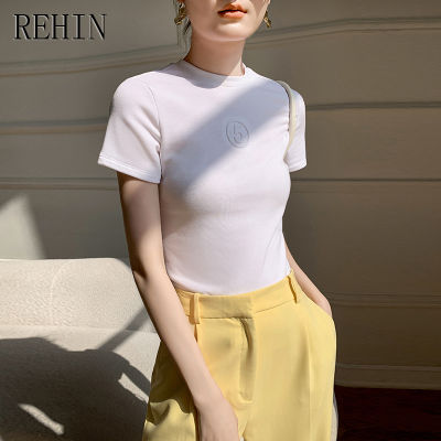 REHIN เสื้อยืดแขนสั้นสีขาวสำหรับผู้หญิง,เสื้อเชิ้ตเข้ารูปพิมพ์ลายคอกลมผ้าฝ้ายฤดูร้อน
