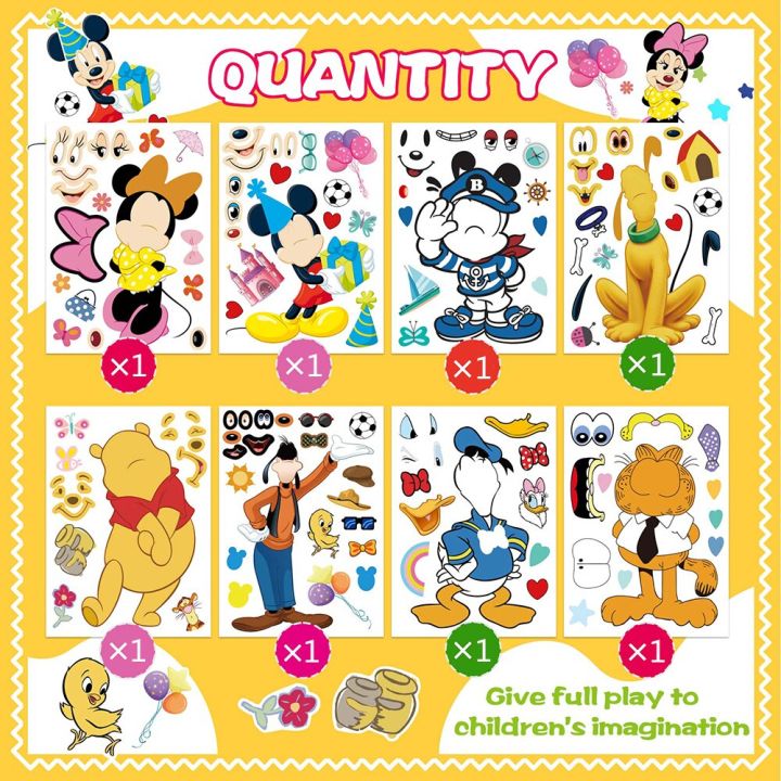 8sheets-disney-cartoon-puzzle-stickers-make-a-face-mickey-donald-duck-cute-children-diy-game-jigsaw-kids-toys-party-decoration