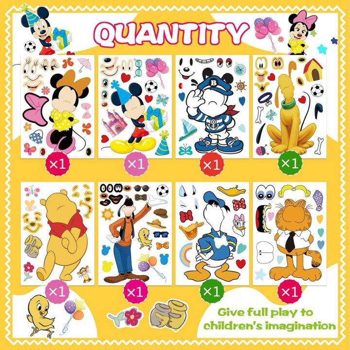 8sheets-disney-cartoon-puzzle-stickers-make-a-face-mickey-donald-duck-cute-children-diy-game-jigsaw-kids-toys-party-decoration