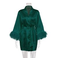 ；【‘；- Women Satin Kimono Gown Robe Bling Nightgown  Bride Bridesmaid Wedding Feather Robe V Neck Female Dressing Gown Home Dress