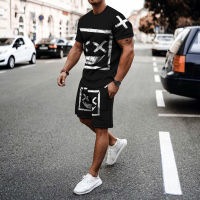 Mens 3D Printing T-Shirt Set 2022 Summer X Smiley Pattern Casual Round Neck Short Sleeve Oversized Tracksuit T-Shirt Set