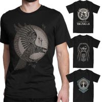 ManS Viking T Shirts Men Raven Valhalla T-Shirt Vintage Round Neck Short Sleeves Tops Cotton Tee Shirt Original Vikings Tshirt