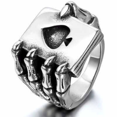 แหวนสแตนเลสสีดำวินเทจสำหรับผู้ชาย,แหวนหัวกะโหลกโกธิกพั้งก์ไพ่ลายไพ่โป๊กเกอร์กรงเล็บมือแกะสลักเครื่องประดับสำหรับผู้ชาย