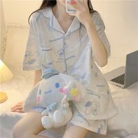 Sanrios Cinnamoroll ชุดนอนกางเกงขาสั้นเสื้อแขนสั้นลายการ์ตูนลายอะนิเมะใหม่สำหรับฤดูร้อน Pakaian Rumahan ใส่สบายไม่ระคายเคืองผิว