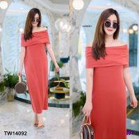 TW14092 Maxi Dress #สาวอวบ เดรสยาว ปาดไหล่ ผ่าหลัง ทรงเอเข้ารูป