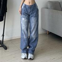 Harajuku printed Cargo Jeans Y2K Dark Blue brown High Waist Streetwear 90S Baggy Jeans Women Pants Straight wide leg jeans