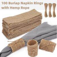 100 Burlap Napkin Rings with Wired Edge Napkin Bands with 3 Hemp Rope Napkin Ties for Country Wedding Decor, Party, Dinner Table