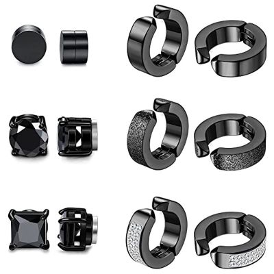 6 Pairs Stainless Steel Magnetic Stud Earrings for Men Women Hoop Earrings Clip On CZ Non Piercing Black All Ages 857