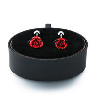 DY New Mens French Cufflinks Black Leather Set Men And Women Fashion Valentines Red Rose Cufflinks Gift Set จัดส่งฟรี