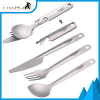 4-In-1ไทเทเนียม Flatware ชุดช้อนส้อมอาหารค่ำที่มีน้ำหนักเบาช้อนส้อมตัดกับมัลติฟังก์ชั่การจัดเก็บข้อมูลผู้ถือที่เปิดขวดสำหรับตั้งแคมป์เดินป่าแบกเป้ปิกนิก