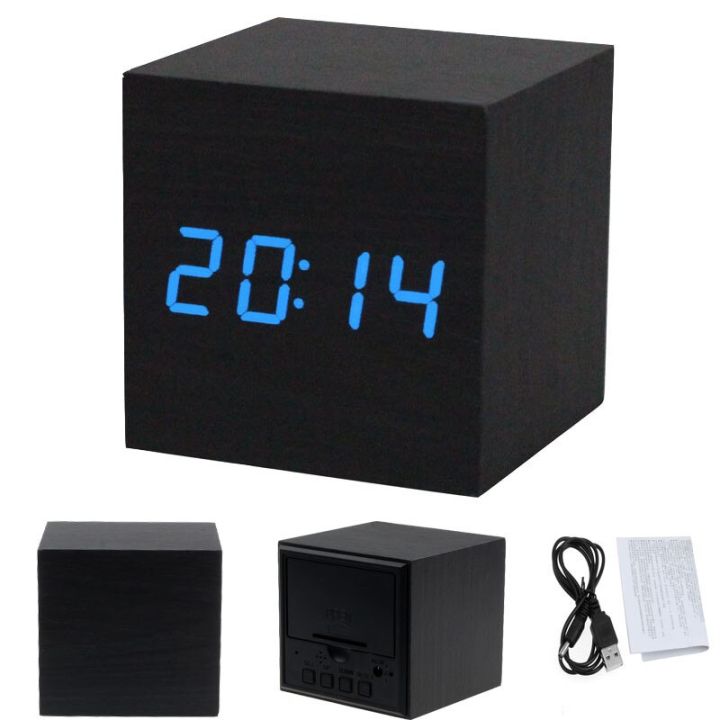 worth-buy-ไม้ดำ-led-ดิจิตอลนาฬิกาปลุกตั้งโต๊ะนาฬิกาสีน้ำตาลควบคุมด้วยเสียงอุปกรณ์ประหยัดพลังงานแบบคู่แหล่งจ่ายไฟ