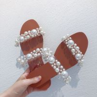 Women Bohemian Pearl Slippers Flat Bottom Sandals Summer Open Toe Ladies Shoes Crystal Flip Flops Shoes Chaussure Femme