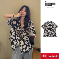 IEF 2022 Retro Printed Shirt Women Gentle Korean Style Half Sleeve Shirt Fashion