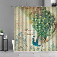 Peacocks Shower Curtain Set Vintage Postcard Green Feathers Retro Chinese Style Bird Animal Fabric Bathroom Curtains with Hooks