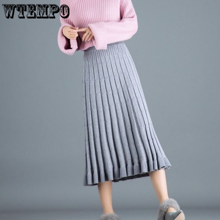 cc-wtempo-womens-skirts-knit-pleated-skirt-medium-length-thickened-elastic-waist-office