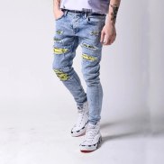 AA18-Printing Skinny Ripped Jeans for Men Slim Stretch Fashion Streetwear