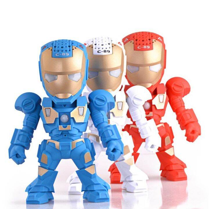 iron-manลำโพงบลูทูธพร้อมไฟแฟลชled-light-deformed-arm-figure-robot-portable-miniซับวูฟเฟอร์ไร้สายtf-fmการ์ดusb