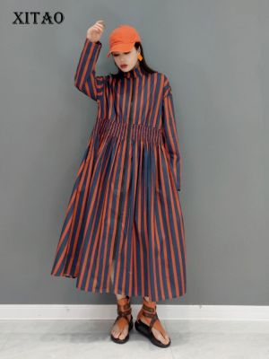 XITAO Dress Fashion Stand Collar Loose Women  Striped Shirt Dress