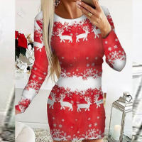 Fall Elegant Women Elk Snowflakes Print Pullover Dress Fashion O-Neck Long Sleeve Dress Ladies Christmas Pattern Bodycon Dresses