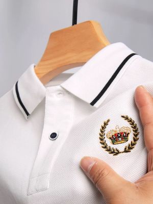 เสื้อยืดแขนยาวปักลายมงกุฎสำหรับเสื้อโปโล Lapel,เสื้อสไตล์ Baru 100 Kapas Pendek Lelaki Mewah