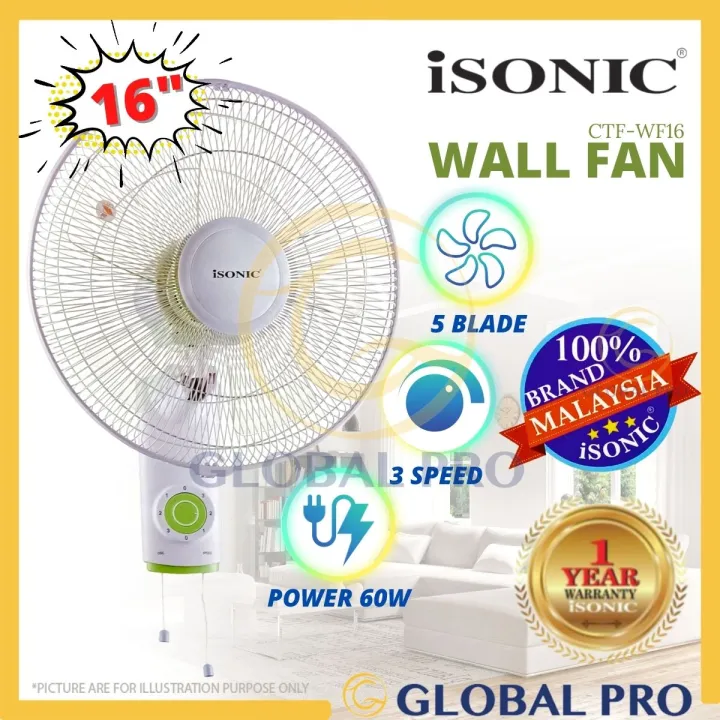 [READY STOCK] ISONIC Wall Fan 16" CTF-WF16A8 5 Blade 60W 3 Speed Cold ...