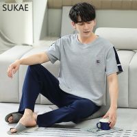 SUKAE ชุดชุดนอนผ้าคอตตอน L-5XL ขนาดพิเศษสำหรับผู้ชาย Lengan Pendek Musim Panas ชุดนอนลำลองสำหรับเด็กผู้ชายชุดใส่อยู่บ้านผู้ชายแบบสบายๆหรูหรา Pjs