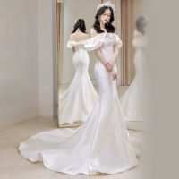 Wedding Dress Fishtail White Slimming Off-Shoulder French Light Wedding Dress Satin Simple Trailing Yarn H829