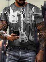 xixibeauty Music Style Bass Guitar Pattern Print Mens Comfy T-shirt, Graphic Tee Mens Summer Clothes, Mens Outfits