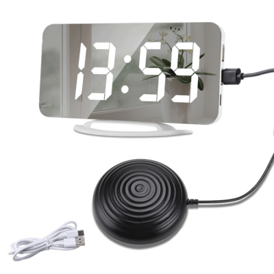 นาฬิกาปลุก S สำหรับนอนหลับหนักนาฬิกากระจกดิจิตอล Led พร้อมเชคเกอร์เตียงจอแสดงผล LED ขนาดใหญ่เสียงดังเตือนนาฬิกาหรี่แสงได้ไฟกลางคืนแขวนผนังสำหรับห้องนอน (ที่ชาร์จ USB 2เครื่อง)